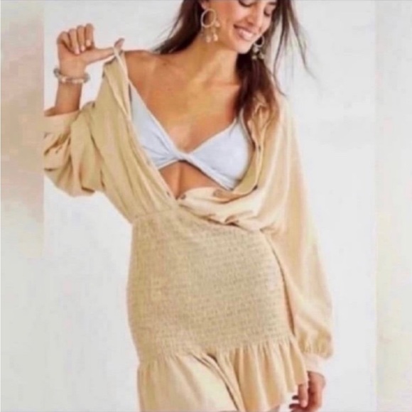 Free People Dresses & Skirts - Free people beach Beige Smocked Dress with Long Sleeves